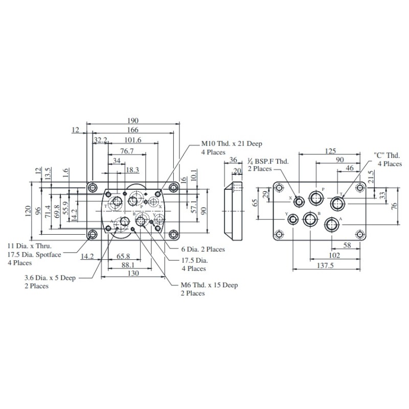 Grundplatte Cetop 07 - NG16 350bar 3/4"  Anschlüsse P, A, B, T Yuken Hydraulics