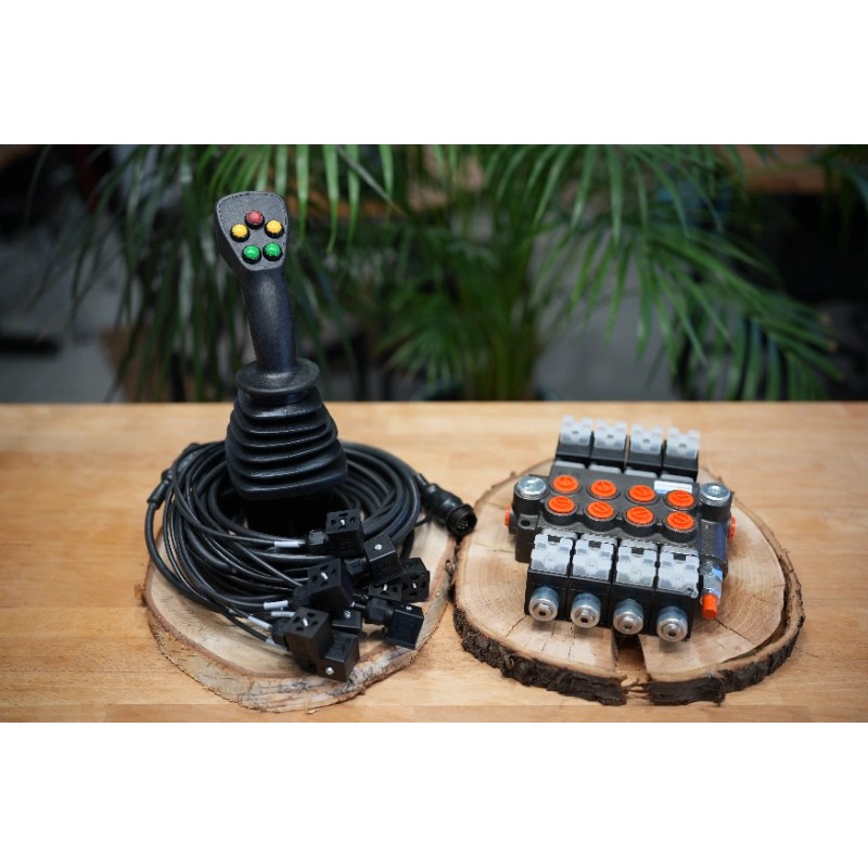 4 positions joystick 5 buttons + Monoblock Vave 4-spool hydraulic solenoid 50 l/min 13GPM 24VDC