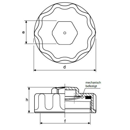 Verschlusskappe mit Griffmulden / Außensechskant und Be- und Entlüftsungsbohrung MINTOR
